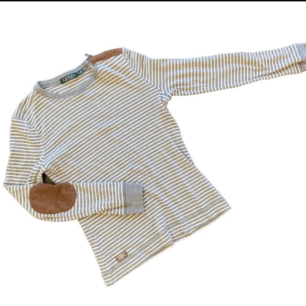 Lauren Ralph Lauren Cream and Gray Striped Long Sleeve Top with Elbow Patches